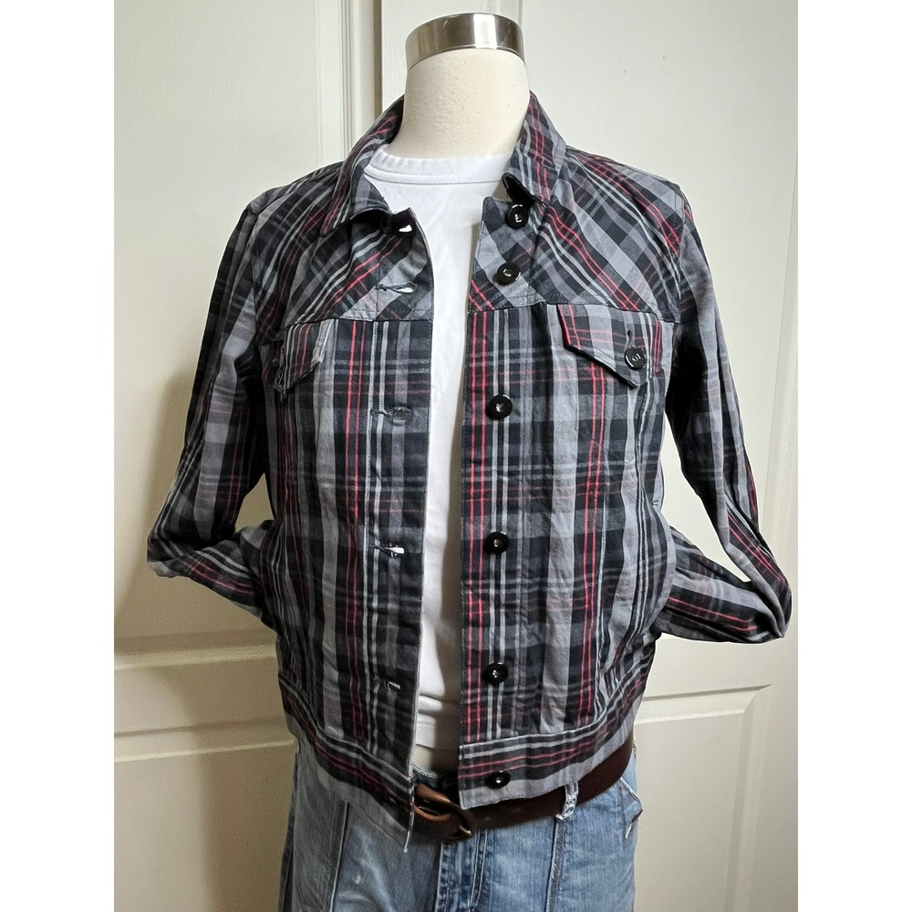 Cato Womens M Plaid Trucker Jacket Grey Black Red Button Front Stretch